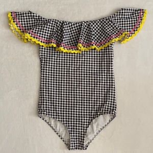 Nessi Byrd Kids | Gingham Off Shoulder Ruffle One Piece Swimsuit Black/White 14